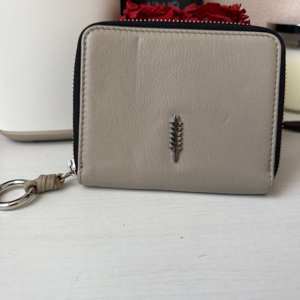 THACKER Julia Leather Small Zip Around Wallet Grey Silver Ring Credit Card